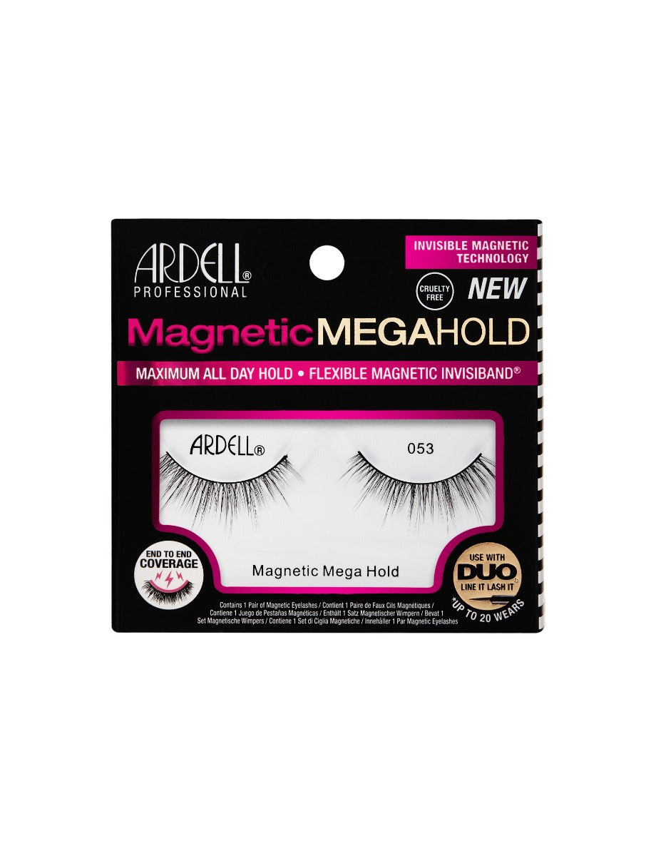 Front facing of Ardell Magnetic Megahold Lash 053 wall-hook packaging with printed product details and information