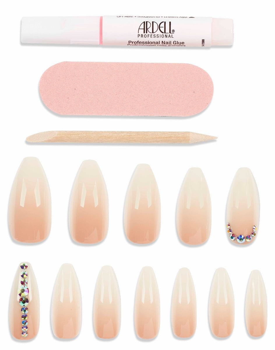 Ardell long nude almond press-on nails kit with rhinestone accents, glue, nail file, and cuticle stick for full set.