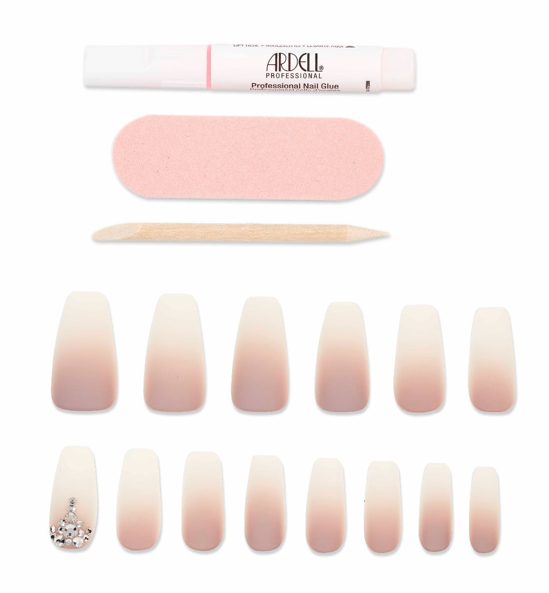 Ardell ombre square-tip press-on nails kit with silver rhinestones, nail glue, file, and cuticle pusher for DIY glam.