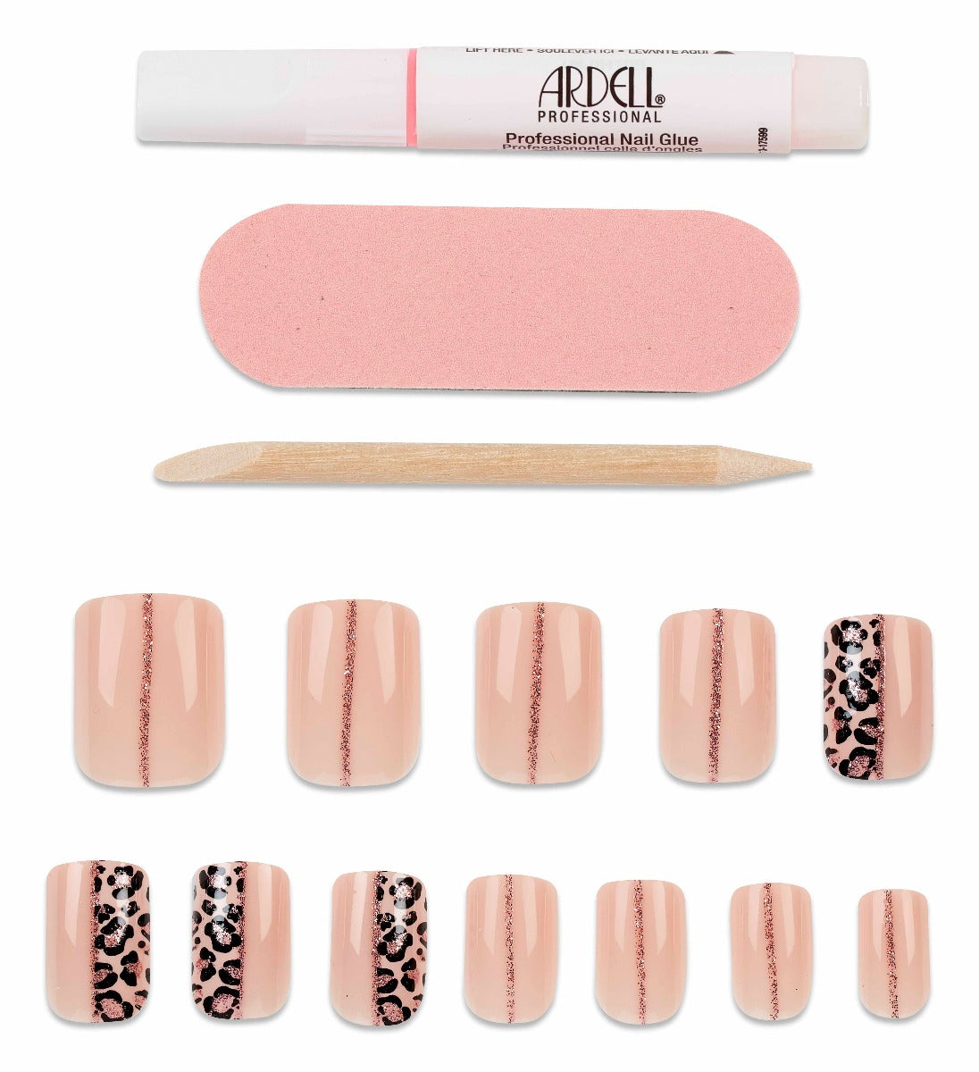Ardell nude press-on nails kit with glitter cheetah accents and pink nail glue for easy salon-style manicure at home.