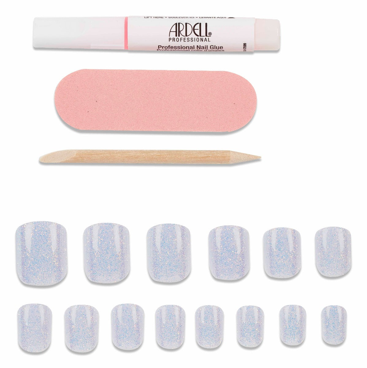 Ardell pastel iridescent glitter press-on nails kit with glue and nail tools, perfect for sparkling nail looks.