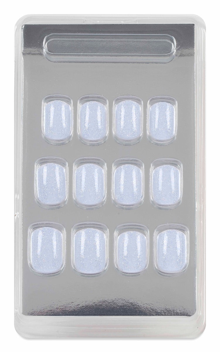 Shimmery pastel glitter Ardell press-on nails in packaging tray, featuring short square shape and full sparkle finish.