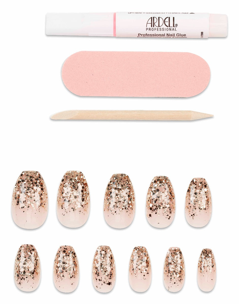 Ardell rose gold glitter gradient press-on nails kit with glue and tools, great for festive or glam occasions.