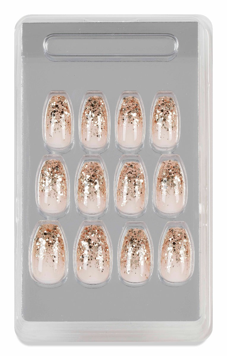 Rose gold glittery press-on nails by Ardell displayed in tray, featuring full sparkle over nude base for bold nails.