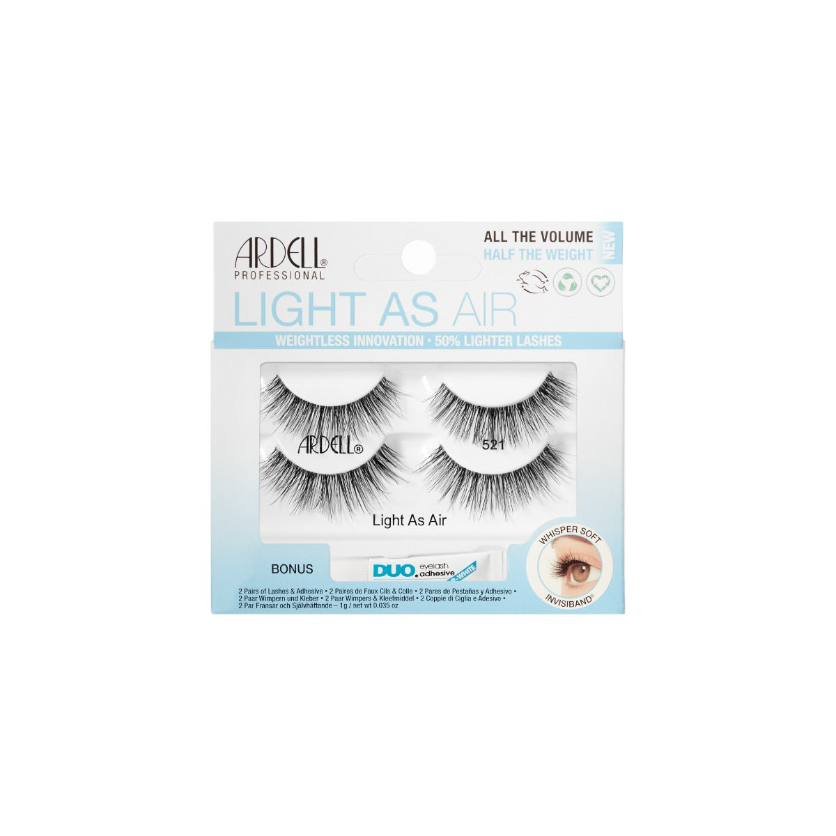 Front facing of Ardell's Light As Air 521 - 2 Pack retail packaging with printed label and product details