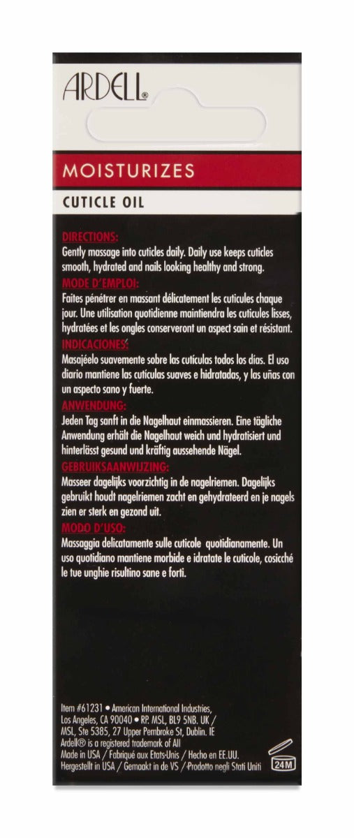 Back of Ardell Cuticle Oil box with instructions in three different languages