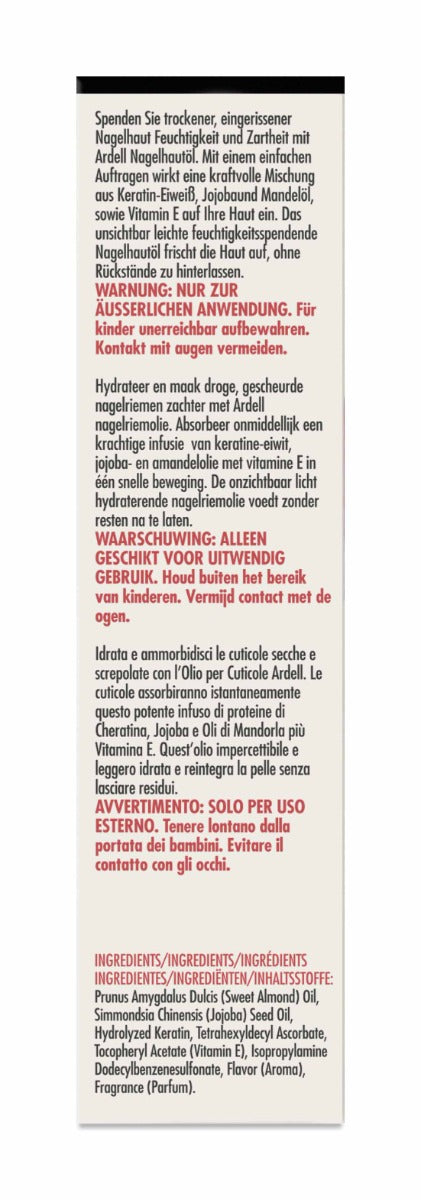 Ingredient list and multilingual warnings for Ardell Cuticle Oil, with keratin, jojoba, and almond oils.