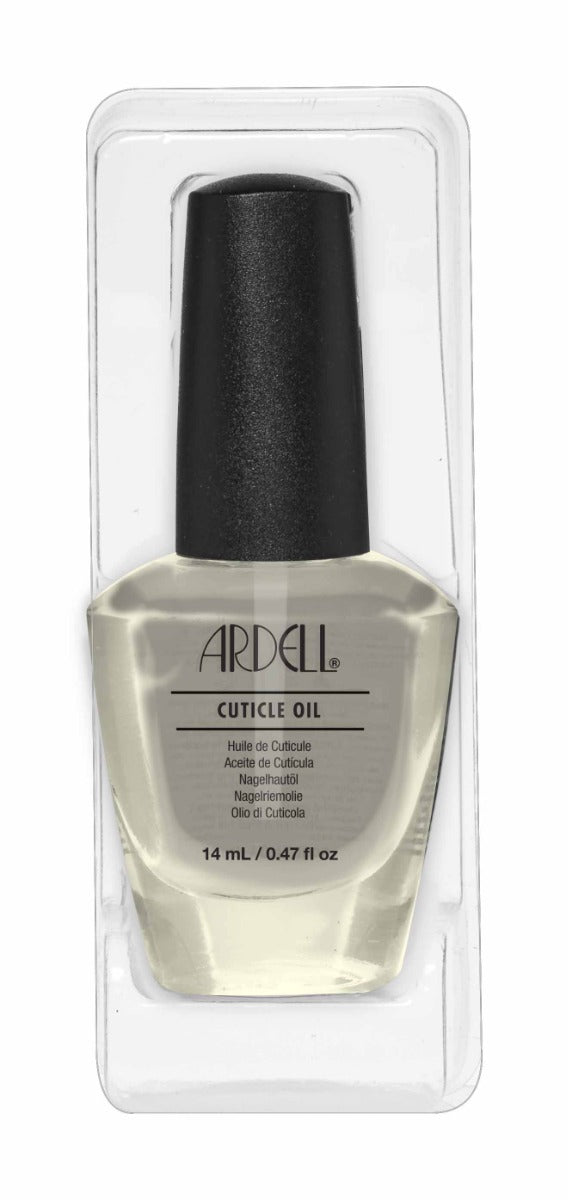 Ardell Cuticle Oil in a clear 14 mL bottle with black cap, designed to moisturize and soften dry, cracked cuticles.