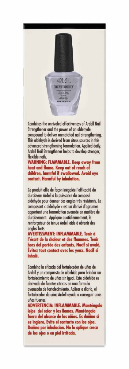 Back of Ardell Nail Strengthener packaging with product details and multi-language usage and safety instructions.
