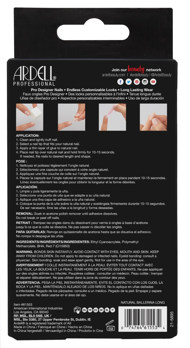 Back of Ardell Nail Addict in Natural Ballerina Long with instructions in three different languages