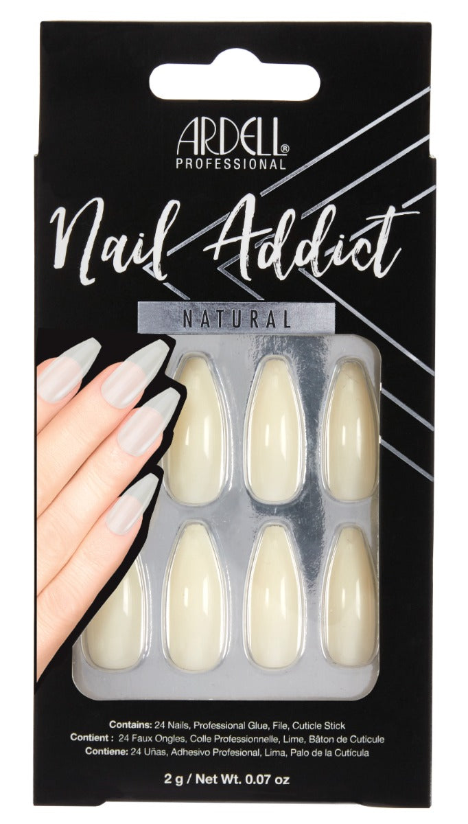 Front of Ardell Nail Addict in Natural Ballerina Long color shade retail pack with label text
