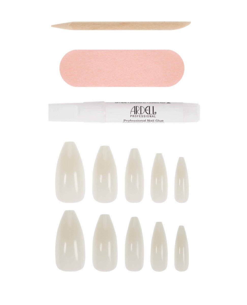 A set of elegant long ballerina press-on nails, with professional nail glue, buffer, and cuticle stick.