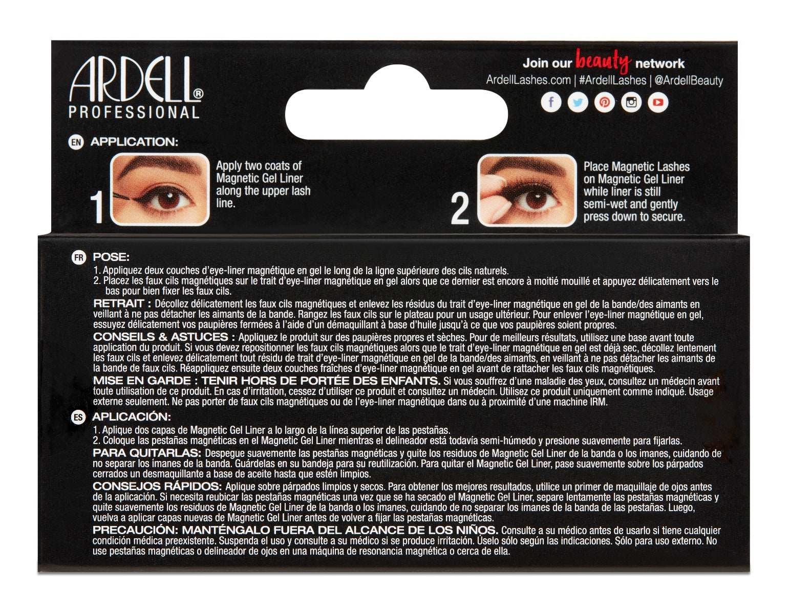 Back of Ardell, Magnetic Lash Singles, Wispies box with application & removal instructions in English, French, & Spanish