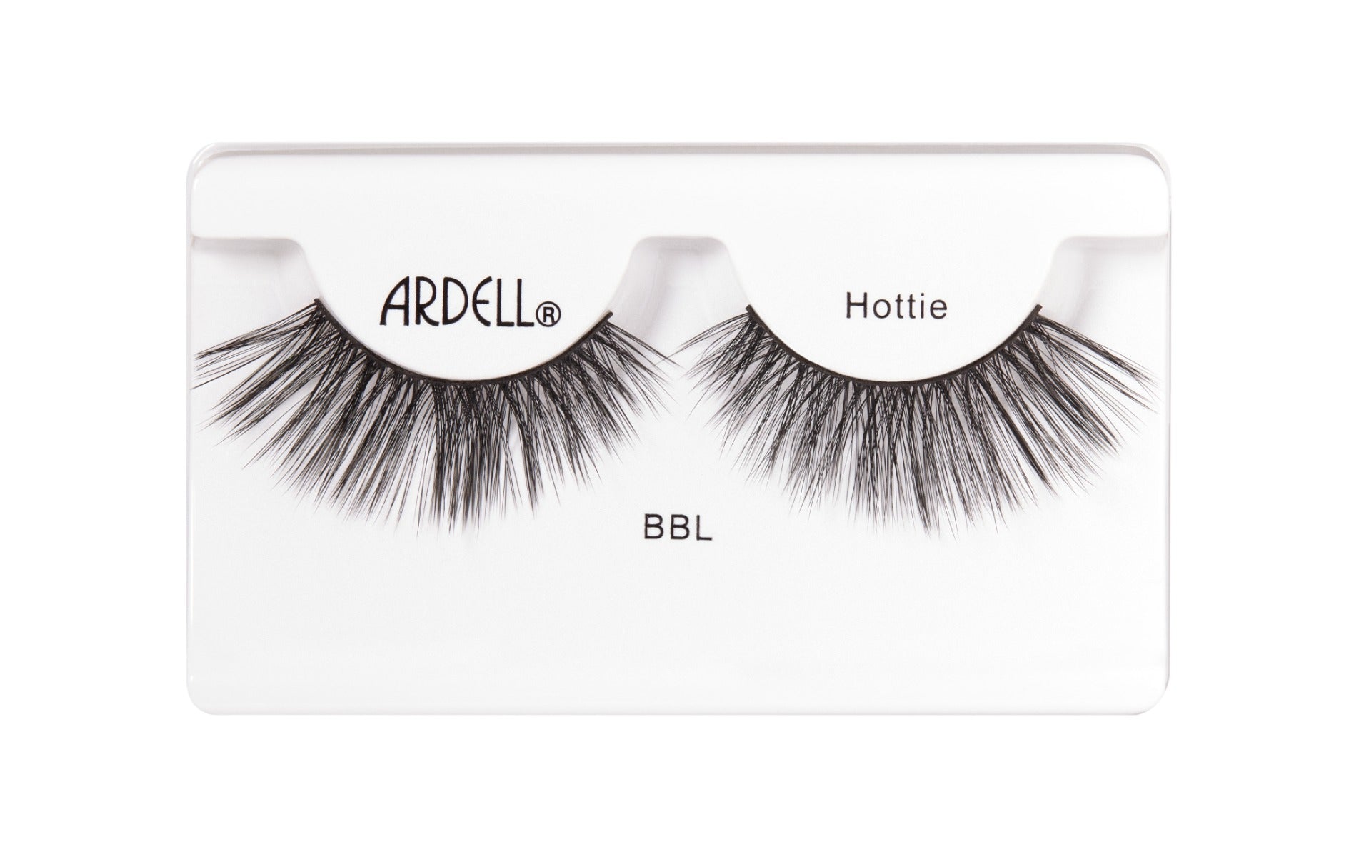 Glamorous Ardell BBL Hottie lashes with flared outer corners for a lifted, eye-brightening lash effect.