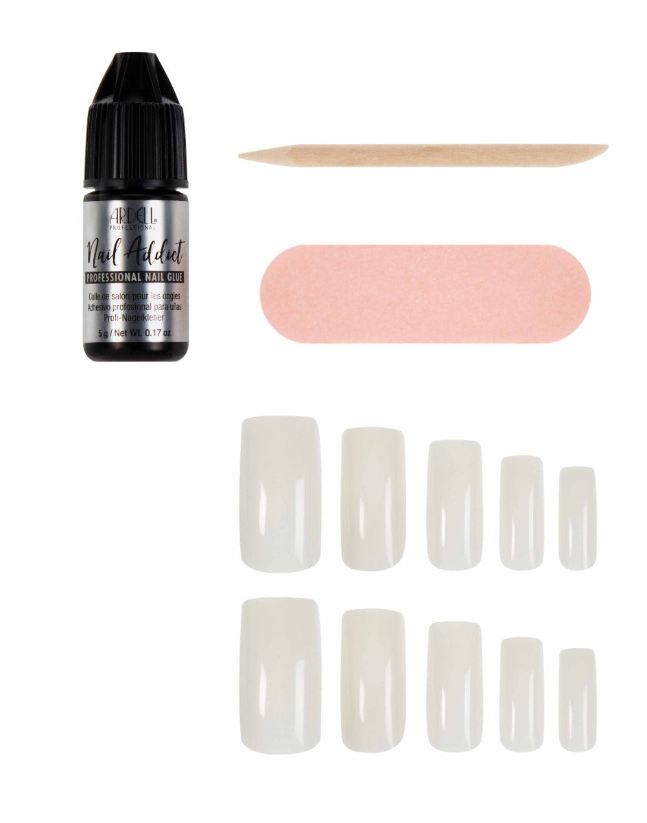 Long square clear press-on nails set with professional nail glue and buffer for an effortlessly polished look.