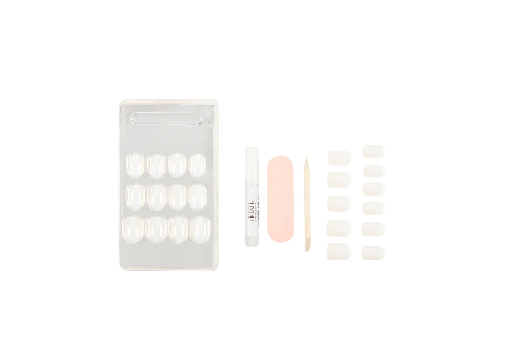 Ardell clear press-on nails set with glue, nail file, and cuticle stick for a customizable at-home nail enhancement.