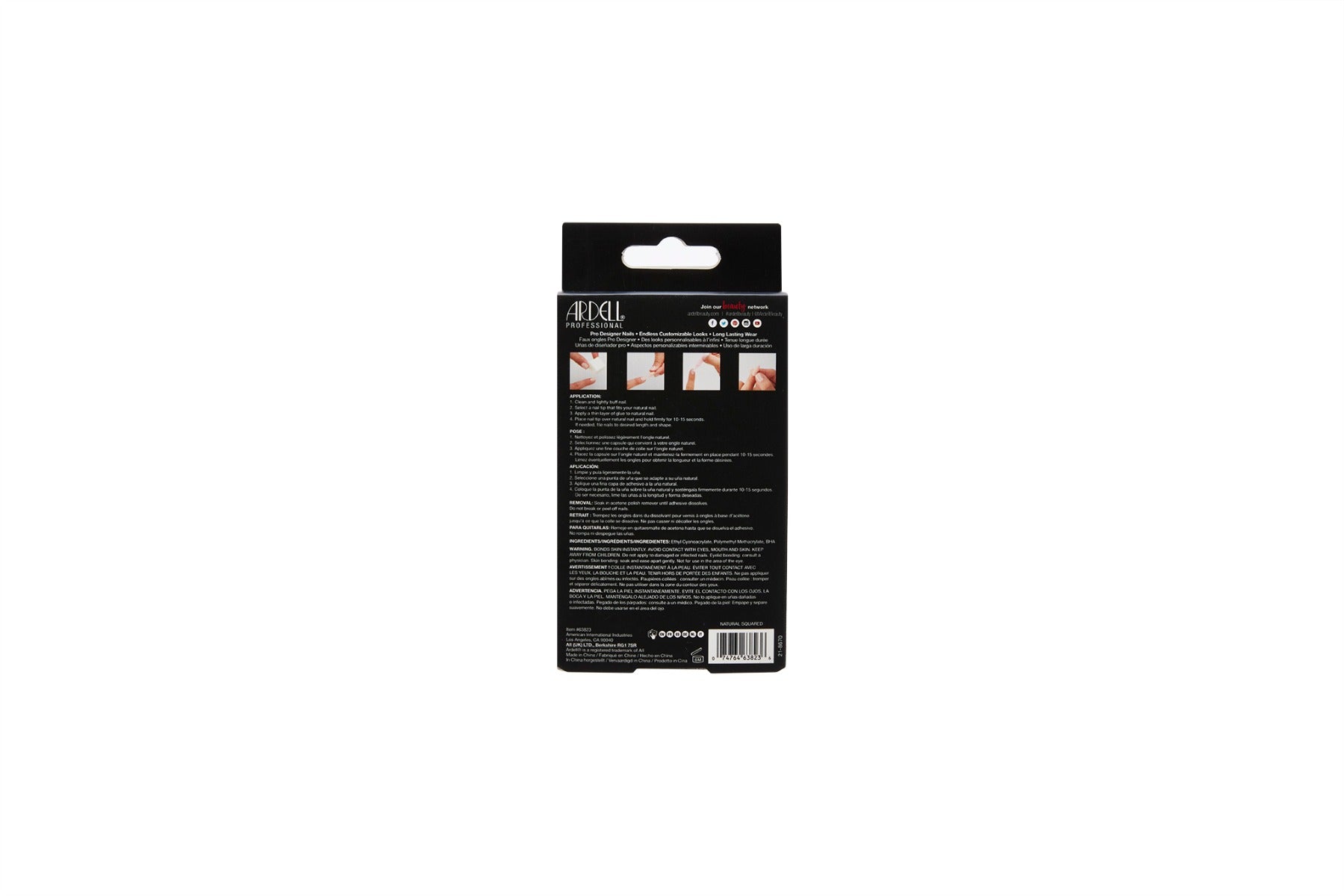 The back labeled details of Ardell Nail Addict Premium Artificial Nail Set in Natural long variant packaging