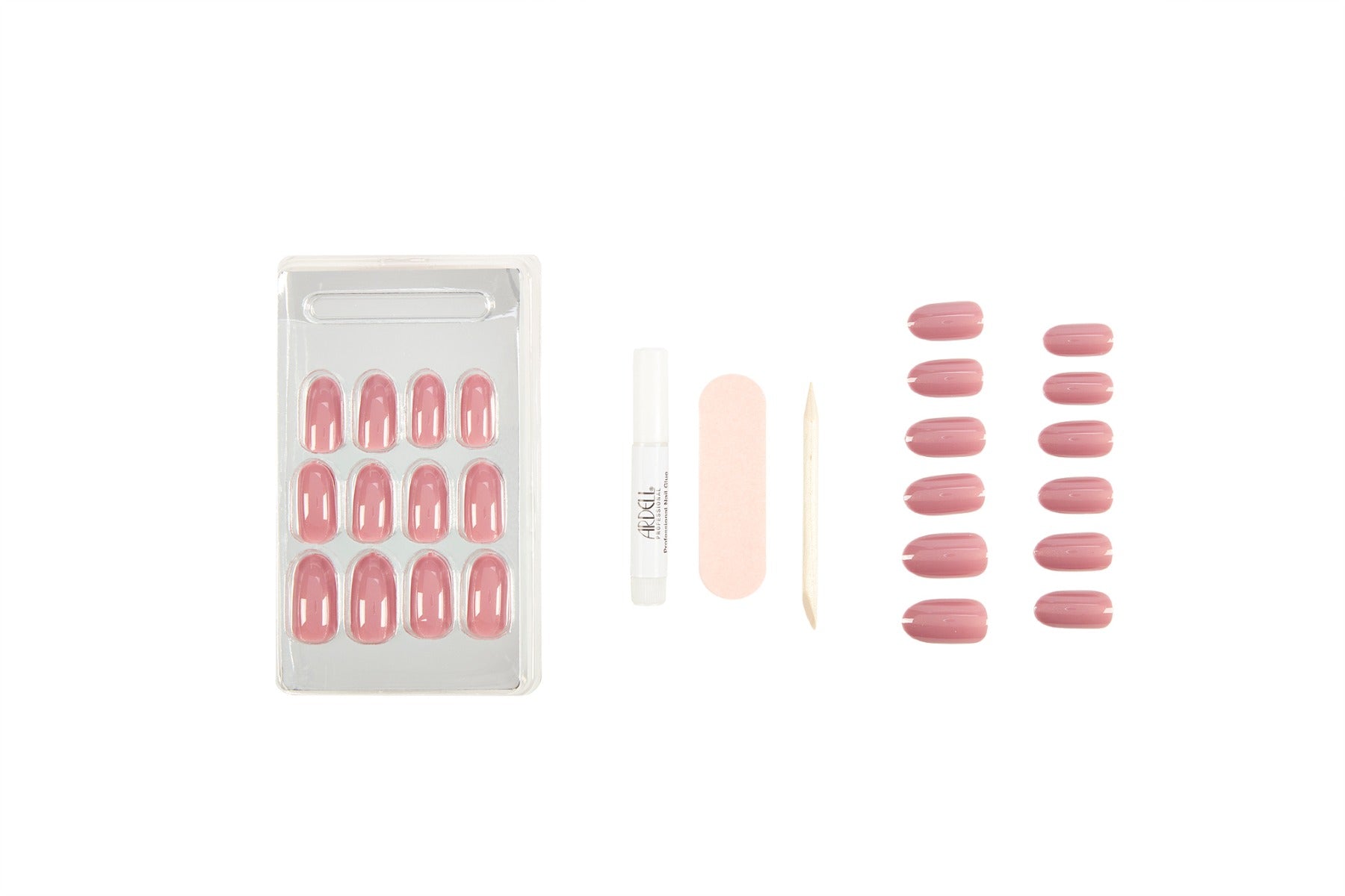 Frontal view of the complete set with tools of Ardell Nail Addict Premium in Sweet Pink variant laid down separately