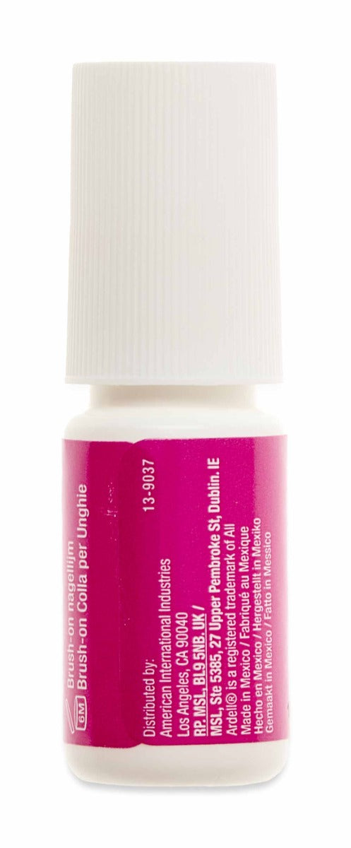 Back label of Ardell Nail Addict Brush-On Nail Glue showing product details, instructions, and ingredients.