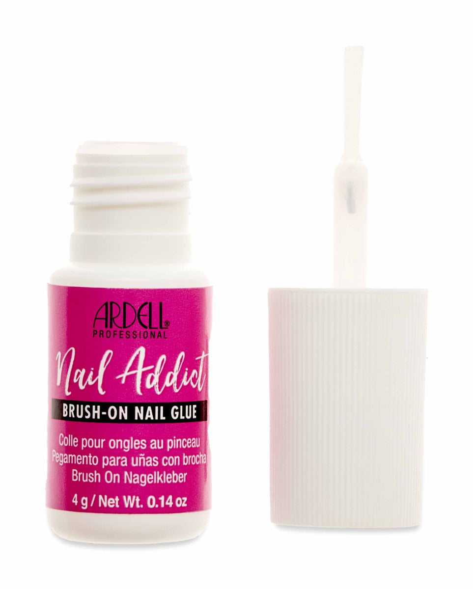 Ardell Nail Addict Brush-On Nail Glue with open cap, ideal for precise, mess-free press-on nail application.