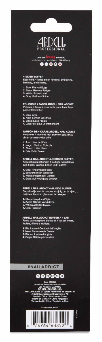 Back of Ardell Nail Addict 4-Sided Buffer packaging with printed text in different languages