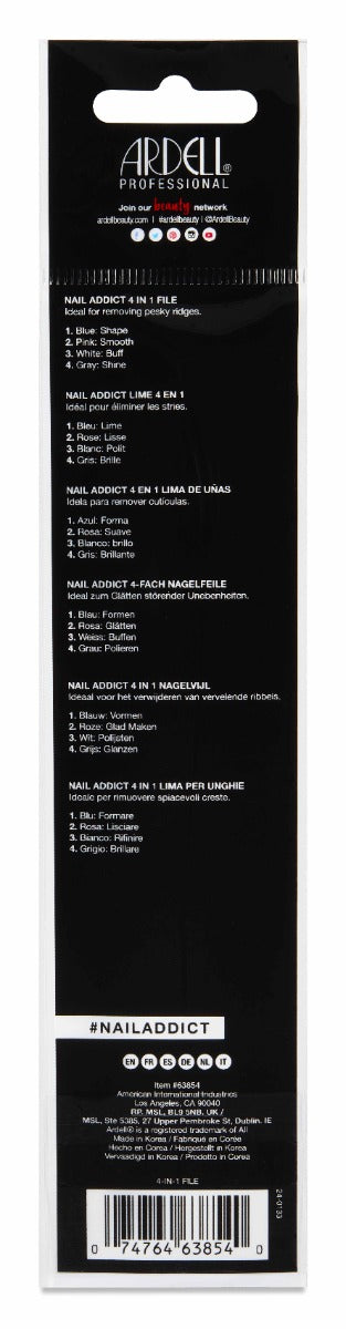 Back of Ardell Nail Addict 4 in 1 File packaging with printed text in different languages