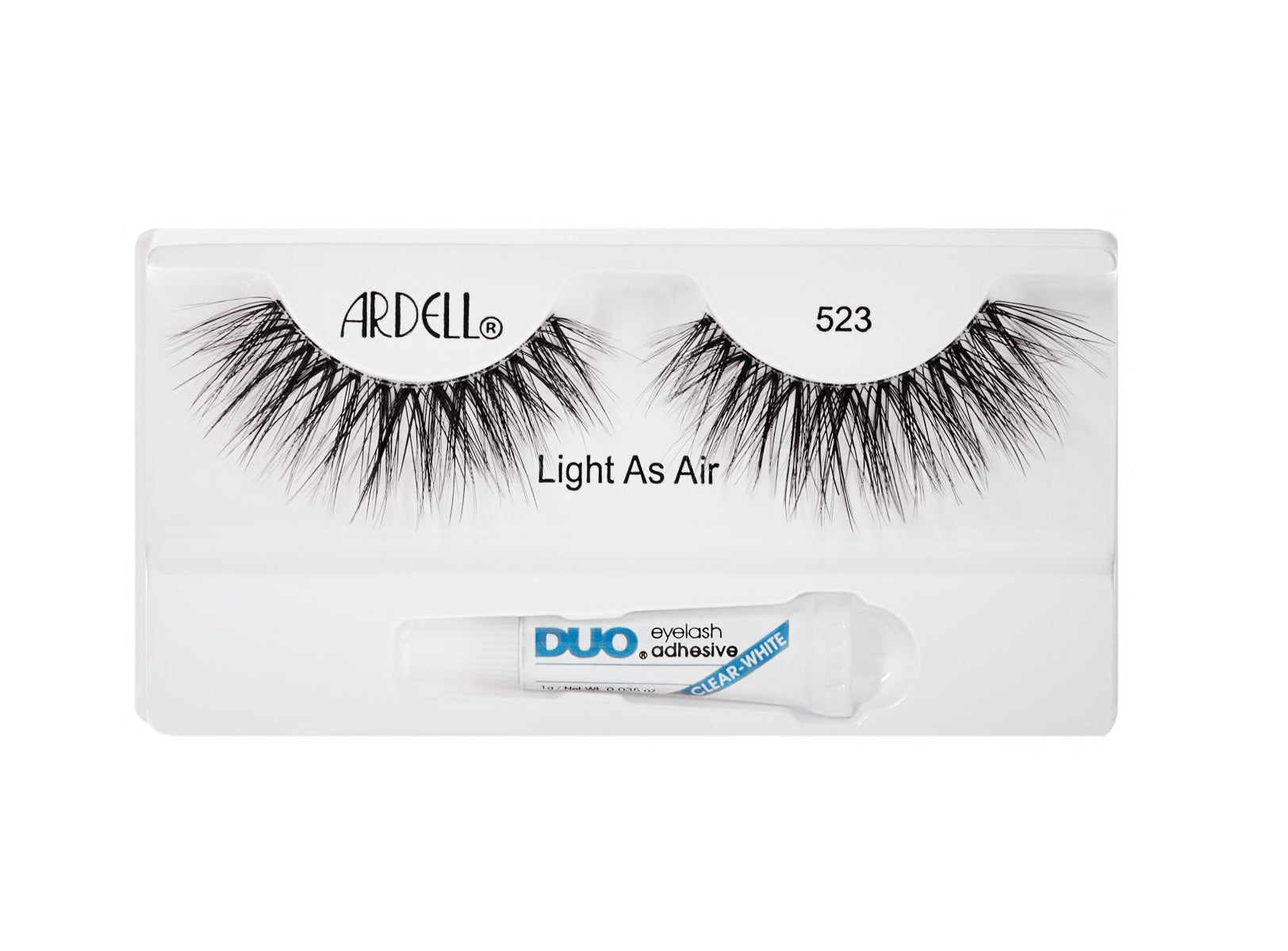 A close-up of Ardell Light As Air 523 false lashes, offering a fluttery, airy feel with an ultra-lightweight design.