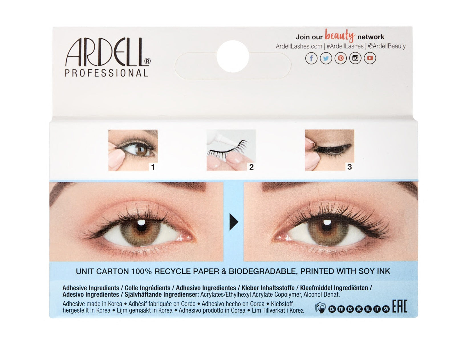 Back details of Ardell's Light As Air 523 packaging with image illustration of its step by step application