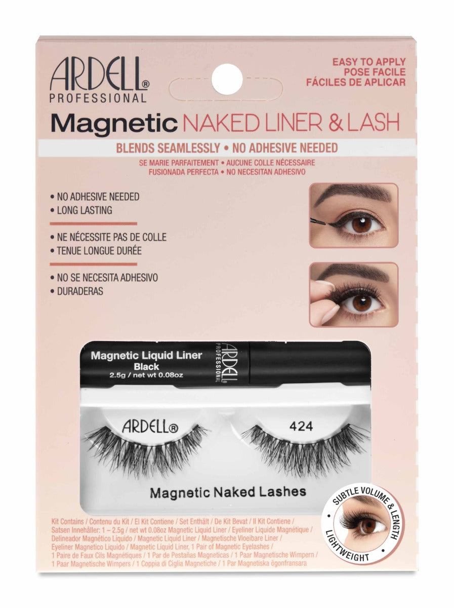 Front view of Ardell's Magnetic Naked Liner & Lash 424 wall-hook ready retail pack with printed label text and information
