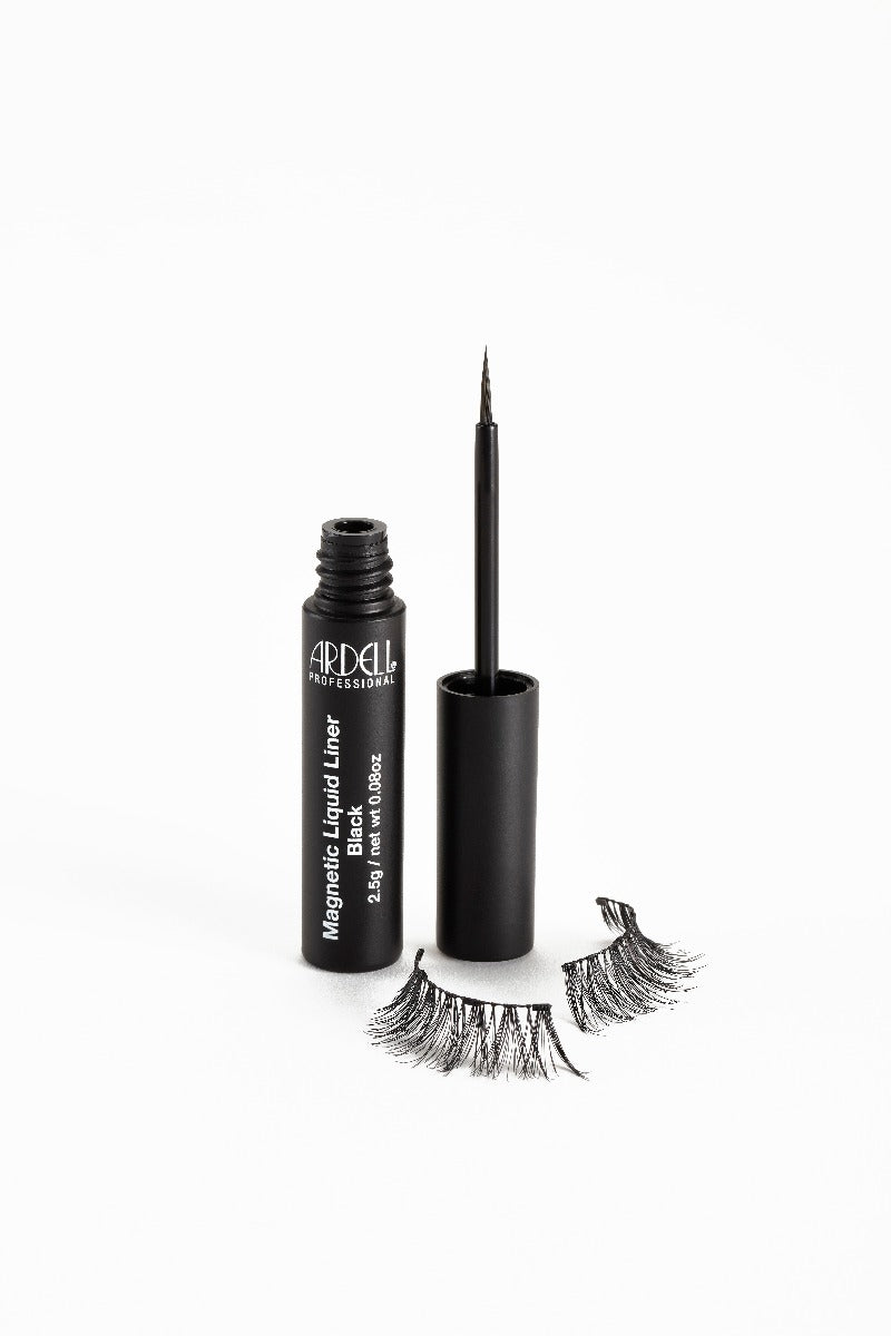 Uncapped Ardell, Magnetic Liquid Liner bottle side by side with st&ing brush cap with Demi Wispies false lashes below
