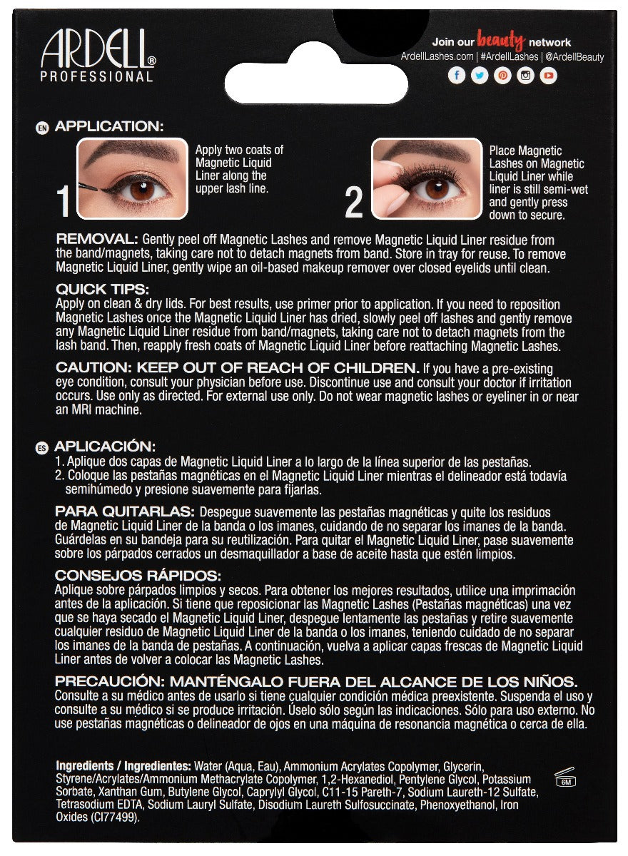Back of Ardell, Magnetic Liquid Liner & Lash Kit, Accent 002 box showing application & removal instructions in English & Spanish