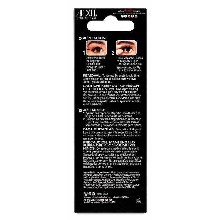 Back of Ardell Magnetic Liquid Liner packaging with 2-step instructions and product usage cautions.