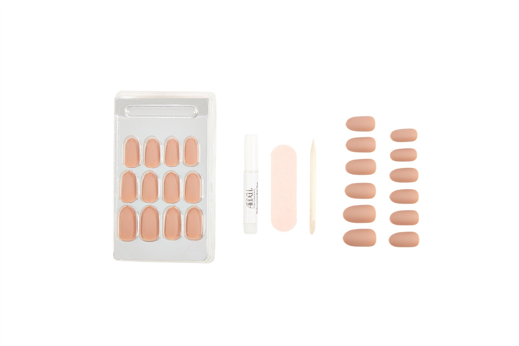 Ardell nude press-on nails kit includes glue, file, and cuticle stick for salon-quality nails in minutes.