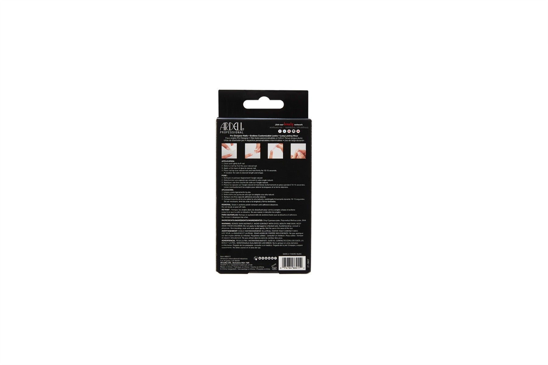 Back details of Ardell Nail Addict Artificial Nail - Barely There Nude pack with instructions in three different languages