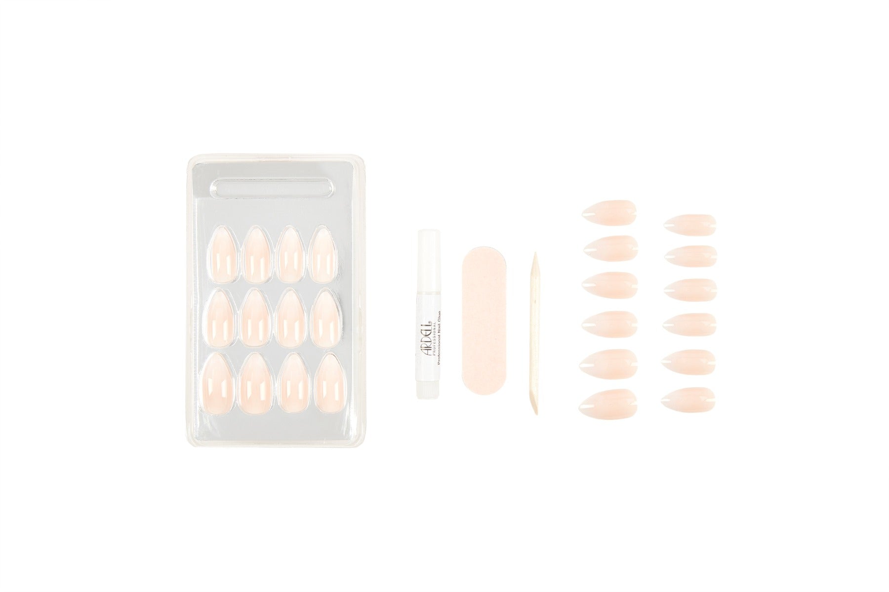 Set of Ardell Nail Addict Artificial Nail in Ombré Fade variant with almond shape laid down one by one in 45-degree angle