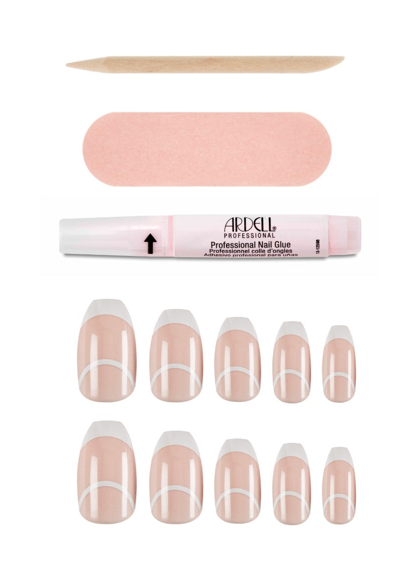 Ardell French manicure press-on nails with pink nail glue, file, and cuticle pusher included.