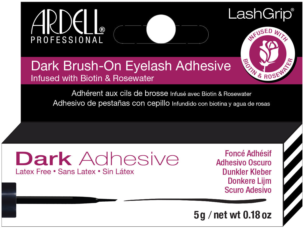 Angled view of Ardell LashGrip Brush-On Lash Adhesive Infused with Biotin & Rosewater in a complete retail wall hook packaging