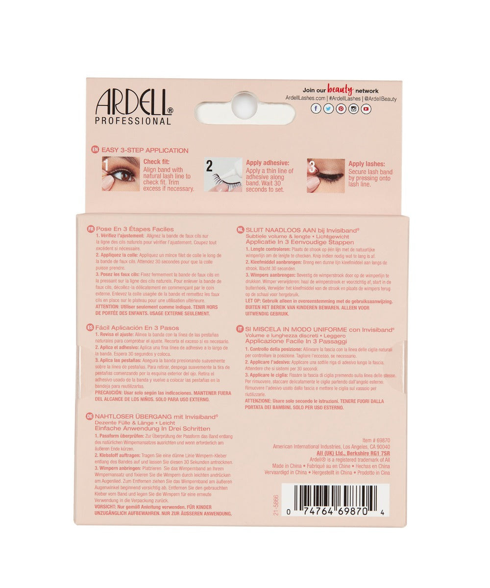 Back of Ardell Naked Lash 420 false lashes multipack retail packaging with instructions in different languages