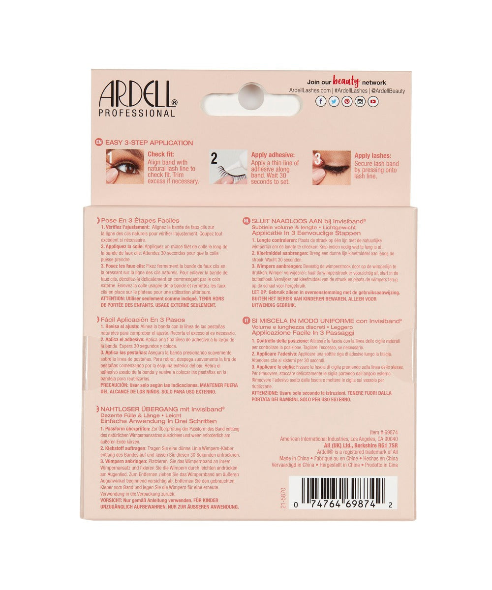 Back of Ardell Naked Lash 424 false lashes multipack retail packaging with instructions in different languages