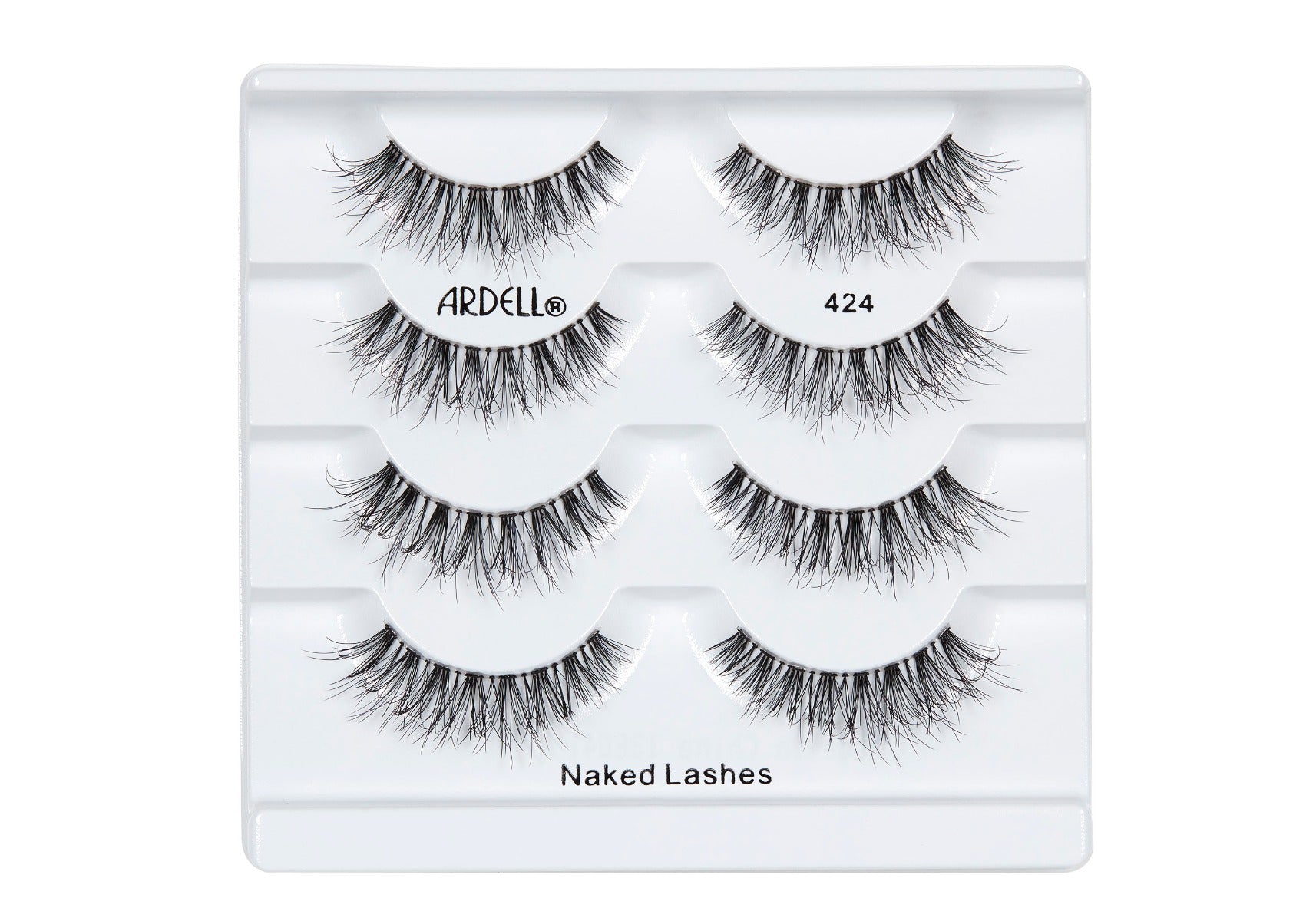 4 pairs of Ardell Naked Lash 424 faux lashes in inner multipack packaging labeled "Ardell", "424", & "Naked Lashes"