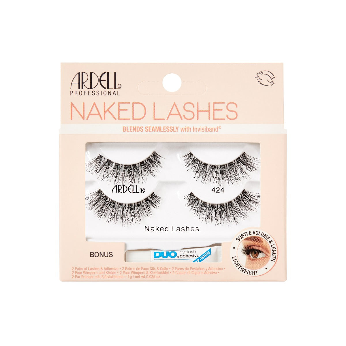 Front view of Ardell Naked Lashes 424 in 2 packs variant retail packaging with printed label details and information