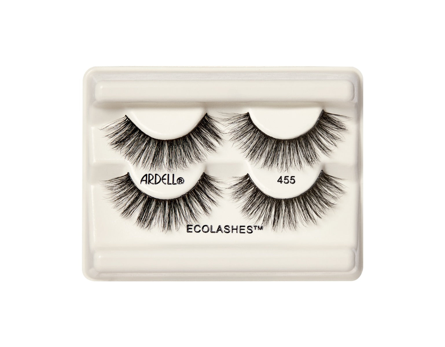 Ardell EcoLashes 455 (Tray View) – Full and fluffy lashes in tray view; EcoLashes 455 made with sustainable fibers for dramatic volume.