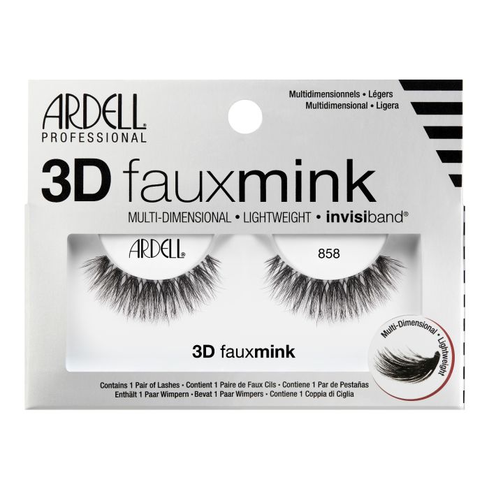 Ardell 3D Faux Mink 858 Lashes in retail packaging with lightweight, multi-dimensional lash design.