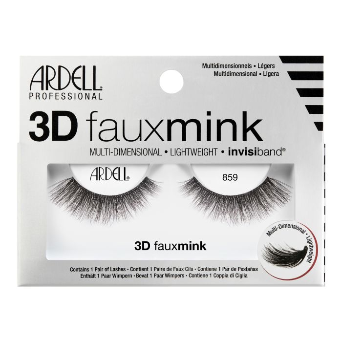 Ardell 3D Faux Mink 859 Lashes in retail packaging with feathered volume and invisiband design.
