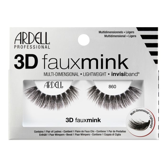 Ardell 3D Faux Mink 860 Lashes in packaging with Invisiband for a lightweight, multidimensional lash look.