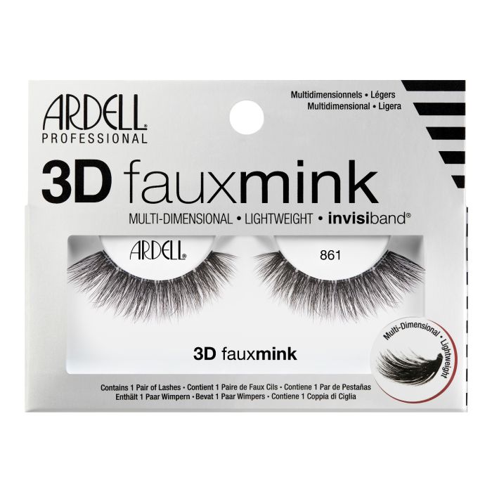 Ardell 3D Faux Mink 861 Lashes in packaging with lightweight Invisiband and multi-dimensional texture.
