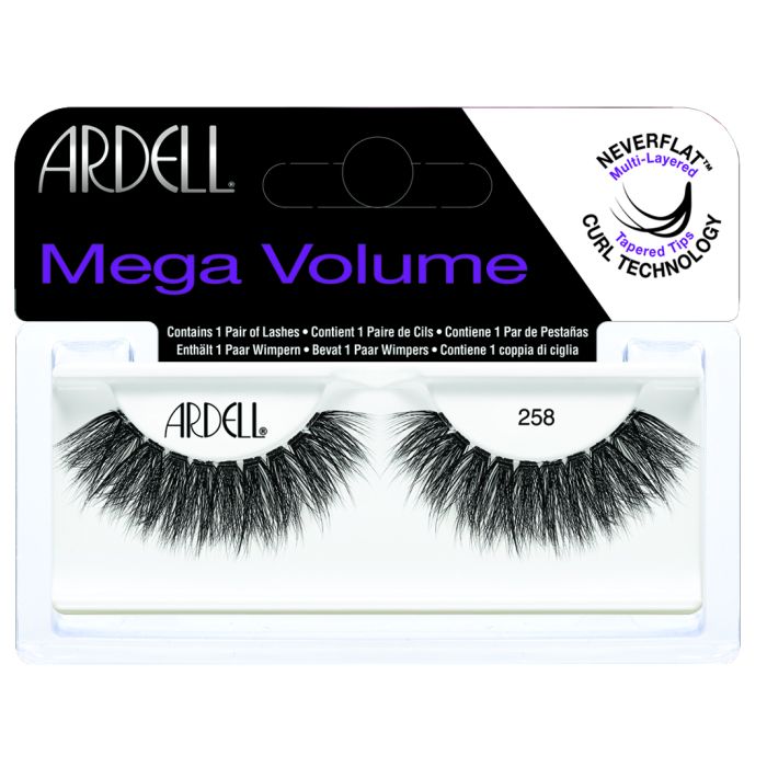 Ardell Mega Volume 258 lashes with ultra-dense fibers and Neverflat™ curl for intense volume and standout eyes.