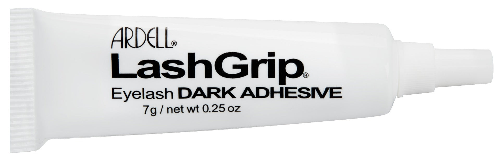 Capped 0.25-ounce tube of Ardell Lashgrip Strip Adhesive Dark laid on a 180-degree position