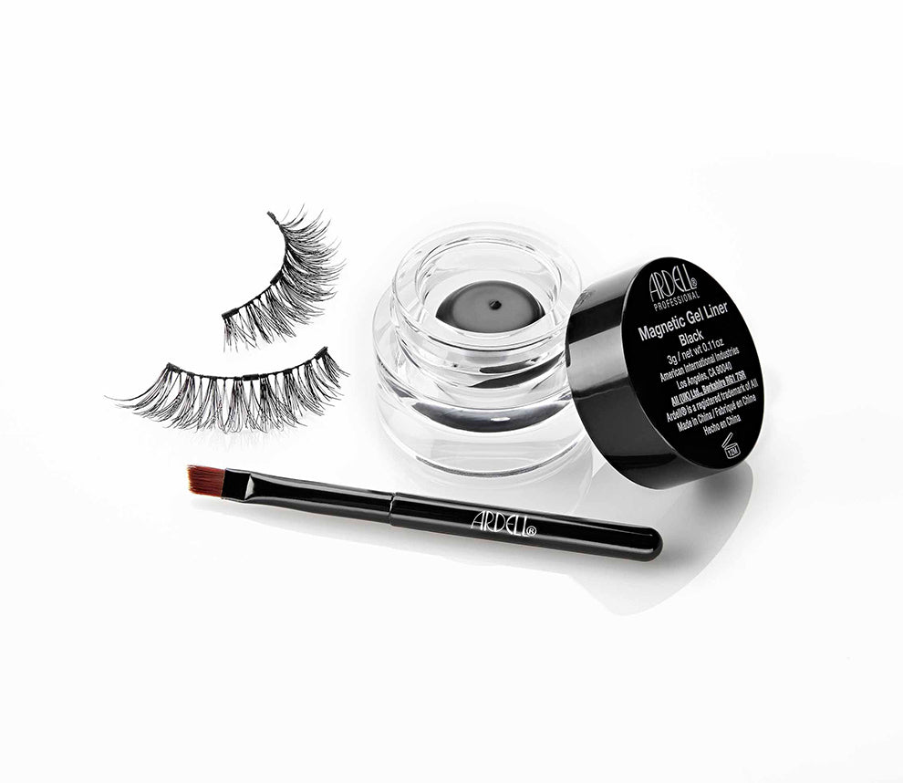 Ardell Magnetic Liner & Lash Kit, Demi Wispies set featuring 1 pair false lashes, open jar of magnetic gel liner, & brush