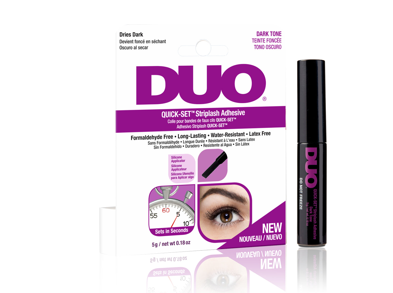 DUO Quick-Set StripLash Adhesive in dark tone, latex-free and water-resistant formula for fast-drying, secure lash hold.